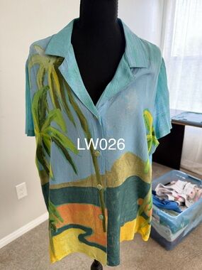 Jams World Teal and Green Tropical Print Button-Down Shirt